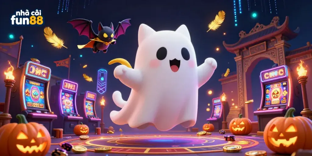 Engaging illustration of nhà cái fun88 featuring a friendly ghost cat in a lively casino environment.