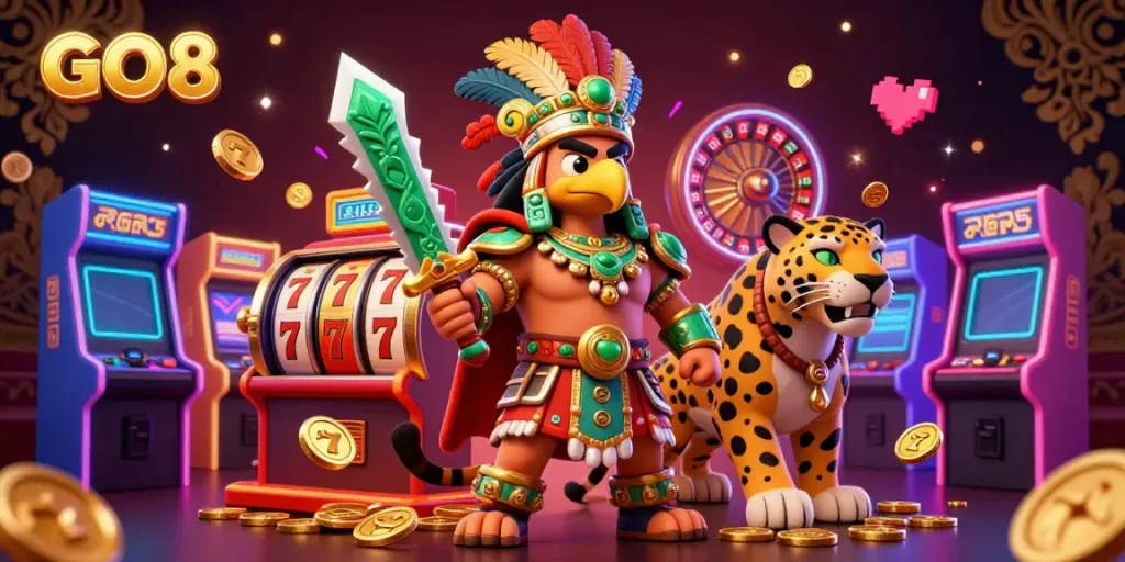 Engage with GO8's dynamic online casino experience featuring vibrant slot machines and Aztec warriors.