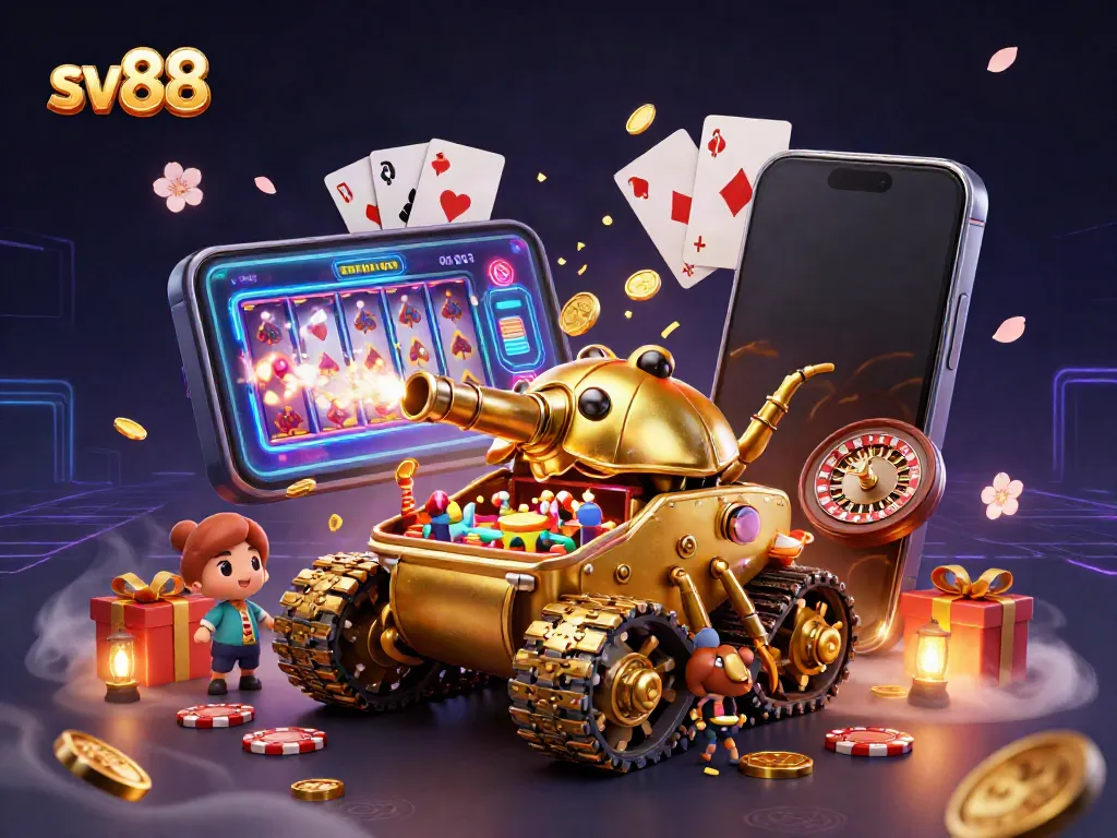 Experience thrilling gameplay at sv88 with a vibrant golden beetle tank casino illustration dynamic with gaming elements.