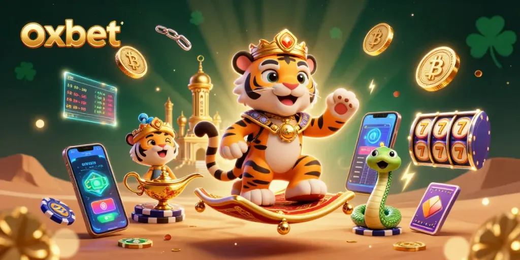 Experience thrilling excitement with oxbet's vibrant casino adventure featuring a tiger sultan and glowing crypto elements.