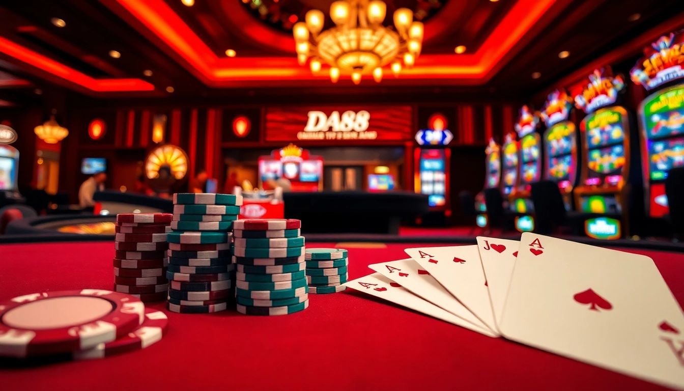 Engage in thrilling casino action at https://da88.bot/ with vibrant poker chips and luxury decor.