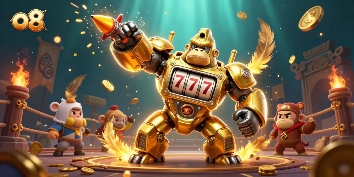 Experience thrilling gameplay at o8 with a golden gorilla mech and vibrant casino elements.