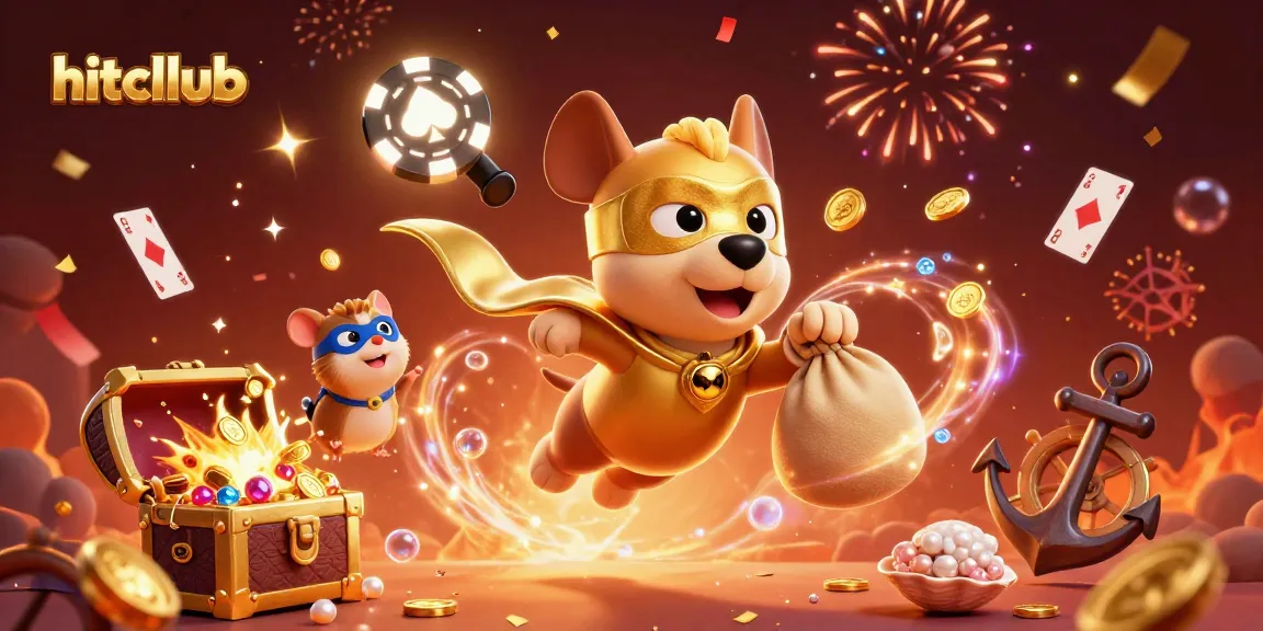 Hitcllub promotes thrilling gaming adventures with lively cartoon characters in a vibrant casino scene.
