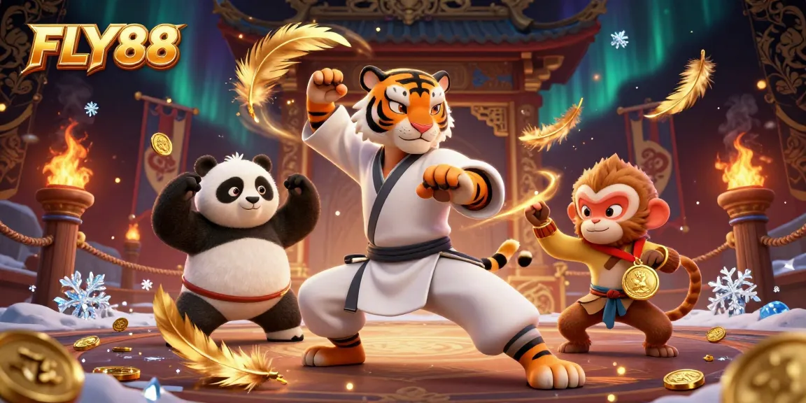 FLY88 invites players to win with dynamic visuals of a kung fu tiger and friends in an exciting casino scene.