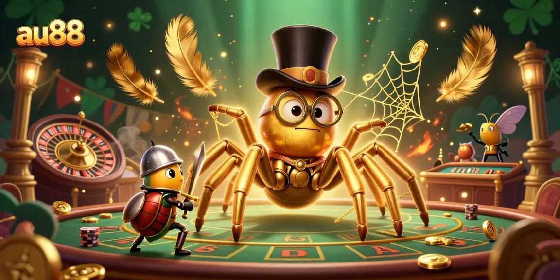 Engage with au88 by exploring a rich casino scene featuring a whimsical golden tarantula and beetle knight.