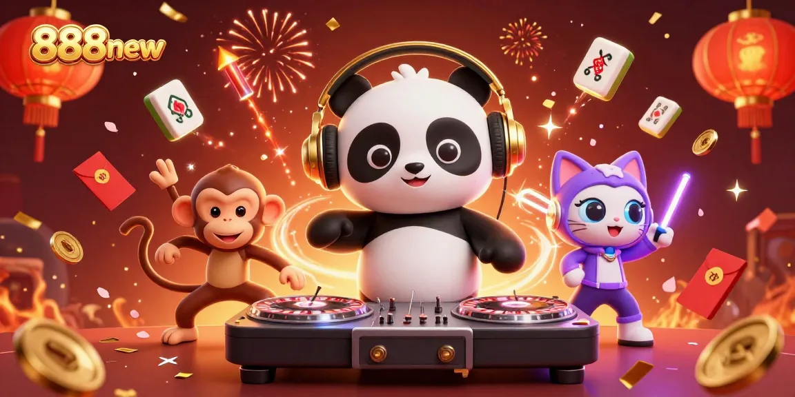 Engage with thrilling games at 888new, showcasing lively cartoon characters and vibrant casino elements.