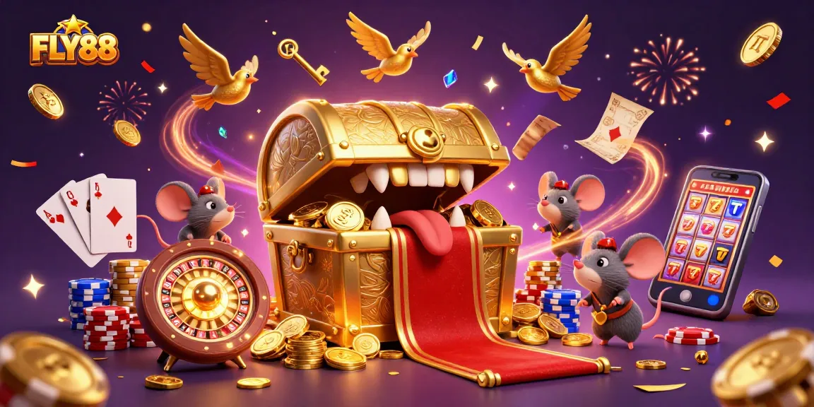 FLY88 entices players with a colorful casino scene filled with games and treasures.