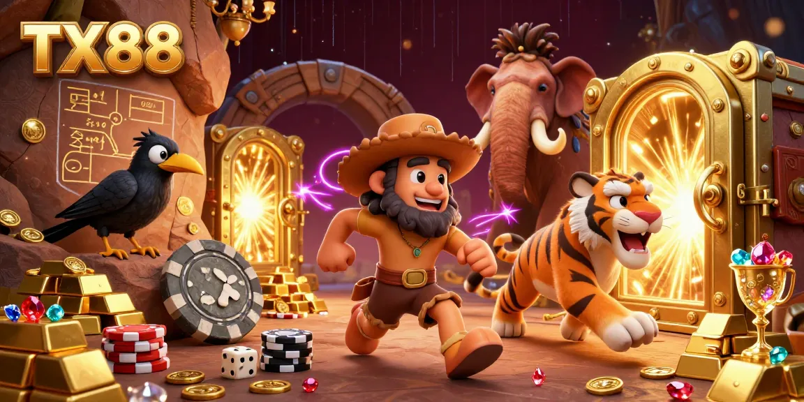 Experience the excitement of TX88 with a vibrant, engaging 3D casino scene featuring iconic characters and treasures.