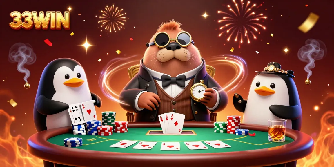Experience thrilling poker action at 33WIN with a walrus, penguin dealer, and bluffing pufferfish