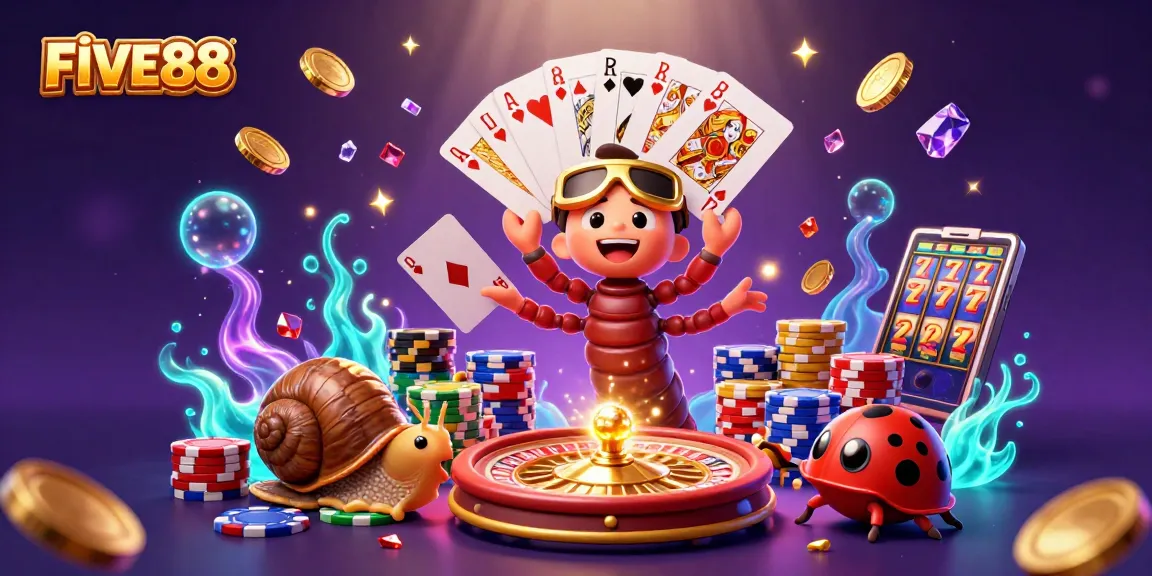 Engage with FIVE88's vibrant casino scene featuring a unique millipede dealer amidst chips, cards, and thrilling casino elements.