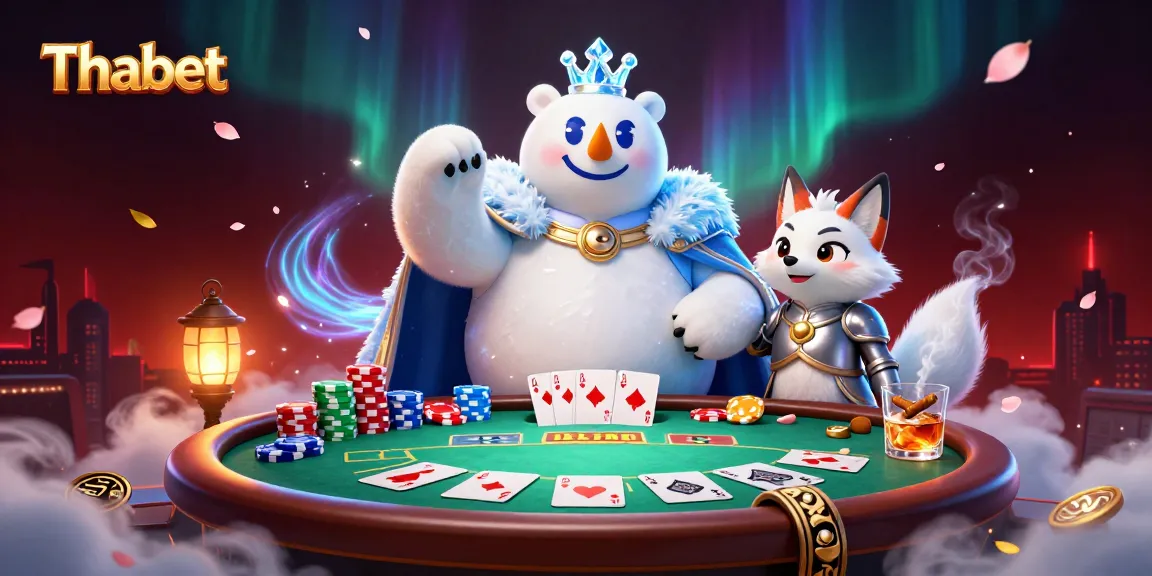 Thabet delivers exhilarating casino action with a polar bear and fox amidst vibrant poker elements.