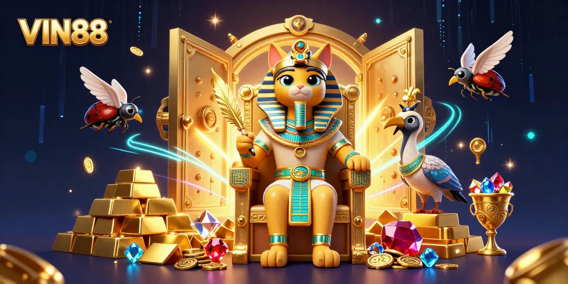 Engage with VIN88's thrilling gaming experience featuring treasures, vibrant characters, and electrifying casino elements.