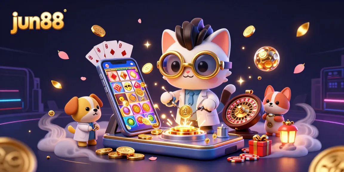Experience the excitement of jun88 casino games with a lively 3D scene depicting a mad scientist cat and assistant.