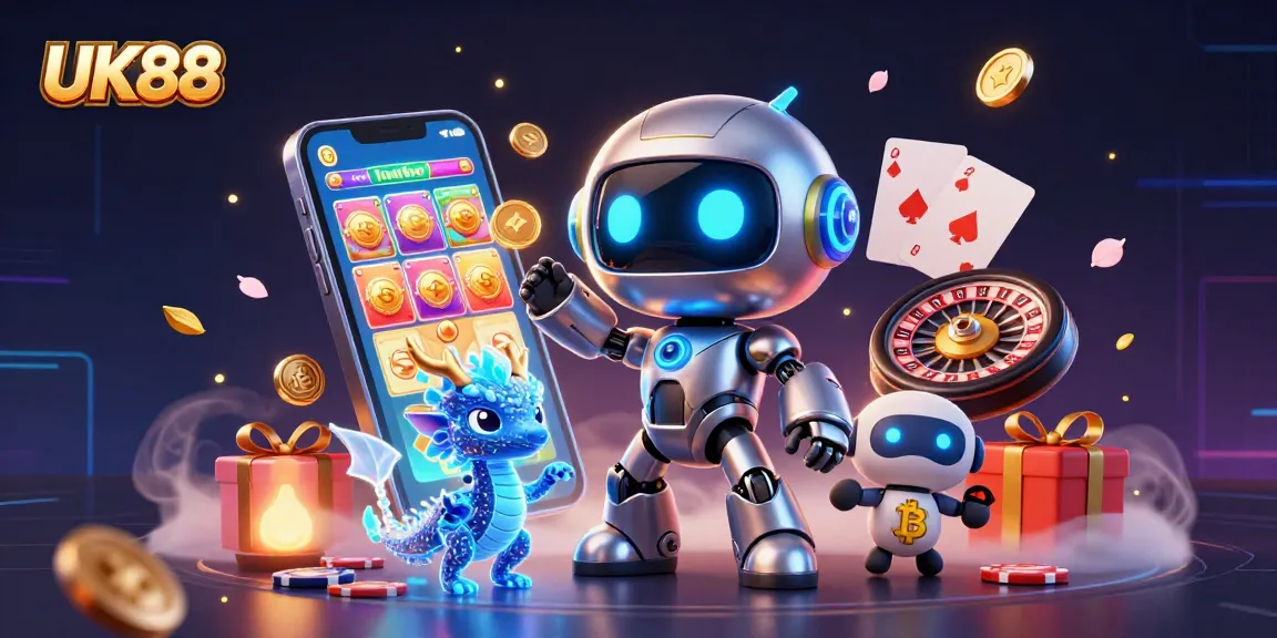 Engage with the vibrant UK88 3D casino scene showcasing a robot, AI dragon, and drone amidst gaming elements.
