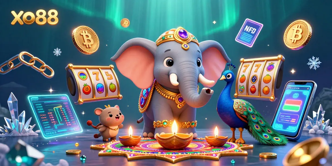 Join the xo88 casino fun with a vibrant 3D illustration of an elephant and peacock amidst sparkling crypto elements.