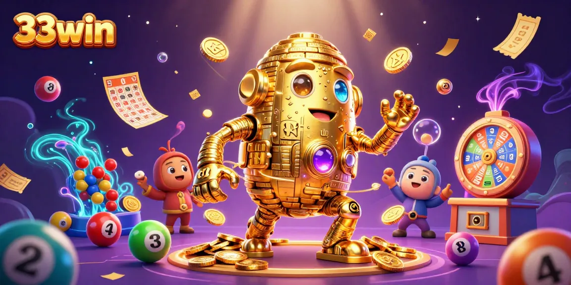 Engage in exciting gameplay with 33win's vibrant casino scene featuring colorful lottery elements and a golden golem.