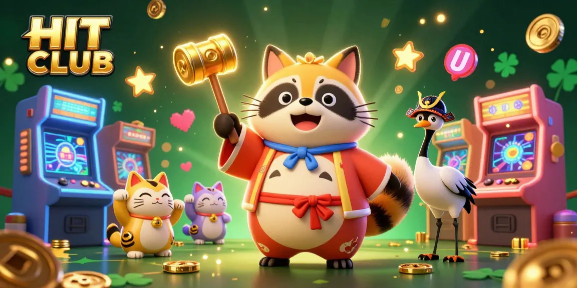 Play and win at HIT CLUB with vibrant characters and exciting game elements in a 3D casino illustration.