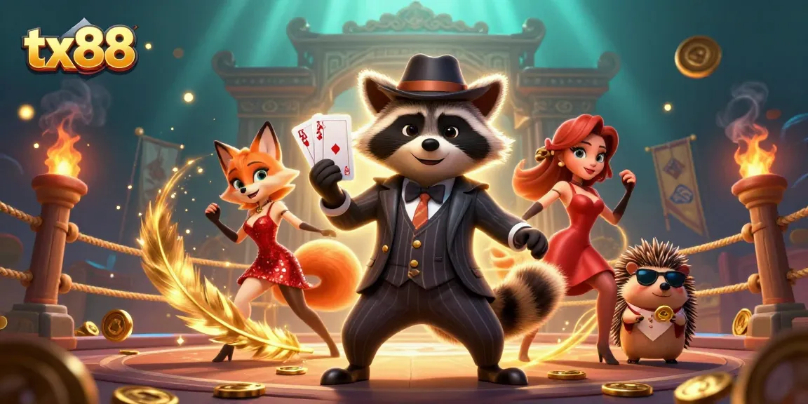 Engage in excitement at tx88 with a suave raccoon and dazzling fox in a vibrant casino scene.