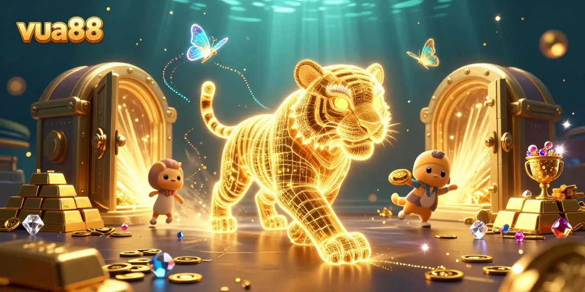 Engage with the vibrant casino atmosphere of vua88, featuring a golden tiger and dazzling treasures.