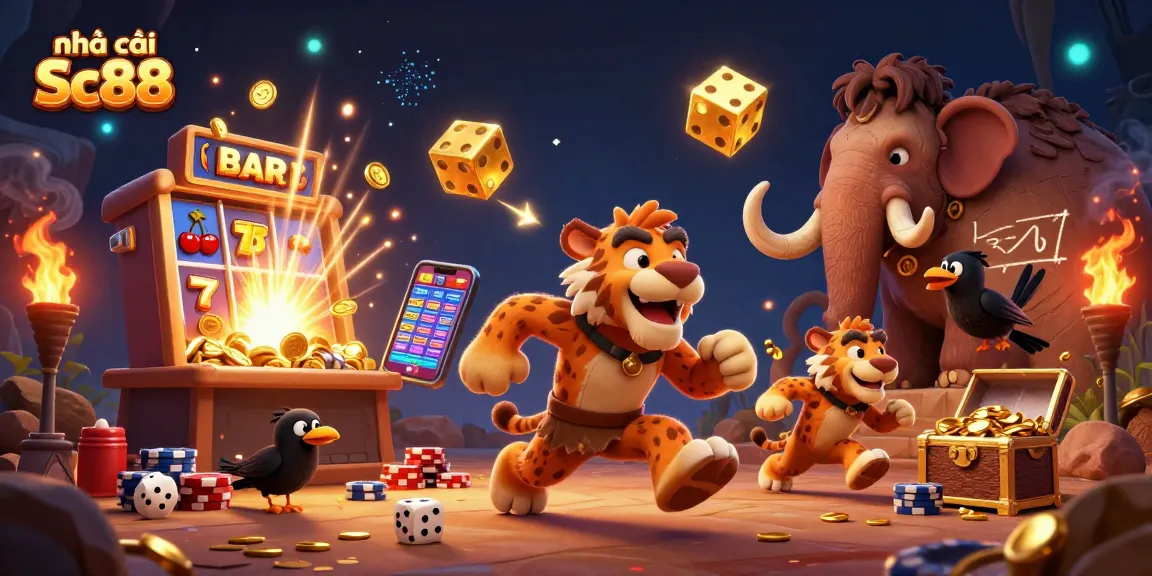 Experience the excitement at nhà cái Sc88 with a lively casino scene featuring themed characters and dynamic gambling elements.