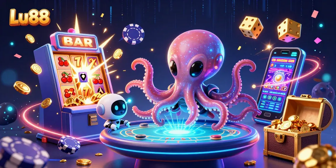 Experience thrilling gaming at Lu88 with a vibrant 3D casino scene showcasing unique characters.