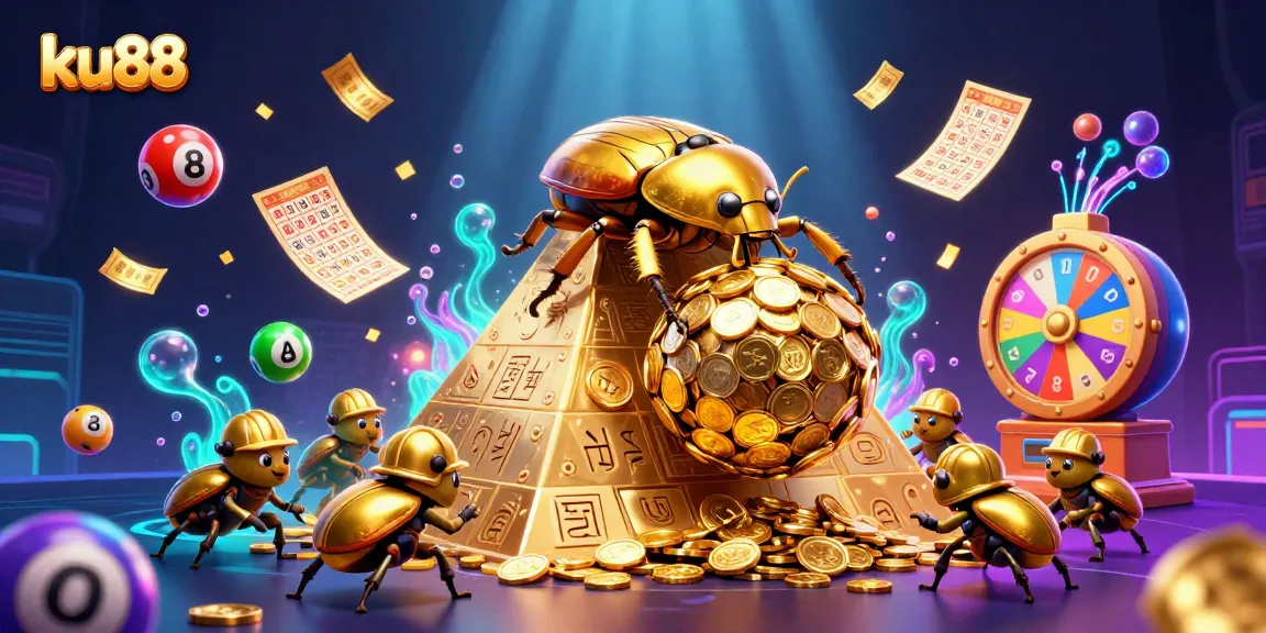Engage with ku88’s vibrant 3D casino scene featuring a golden dung beetle and lottery elements.