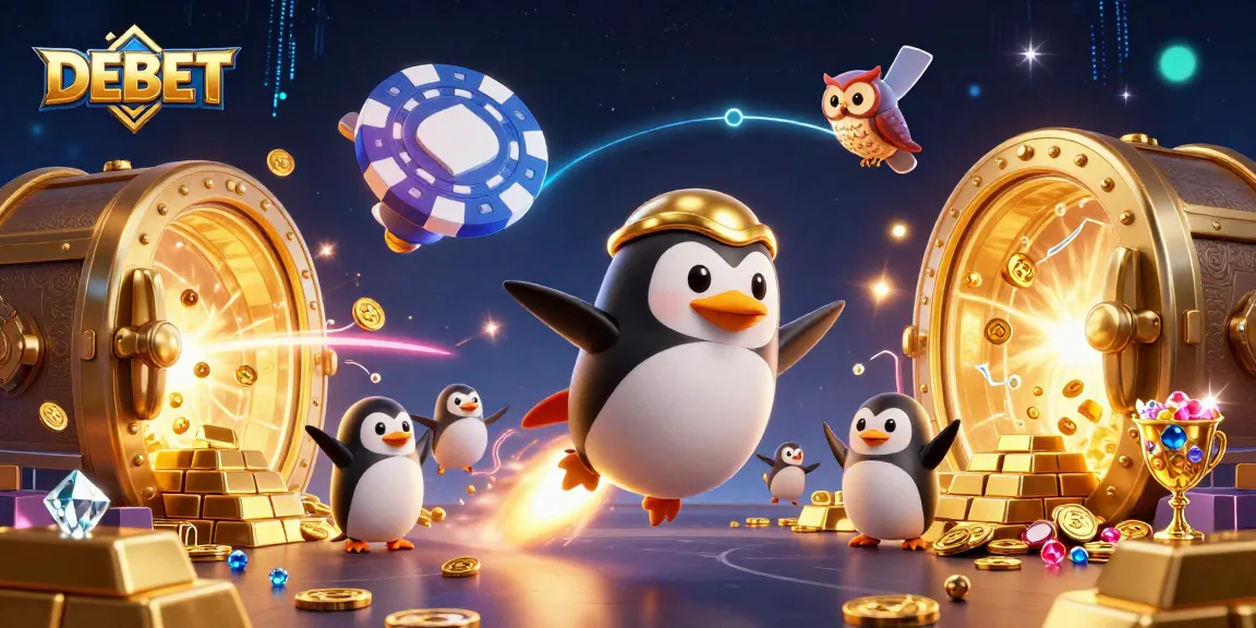 DEBET features a golden penguin and a casino space station with treasures in this vibrant illustration.
