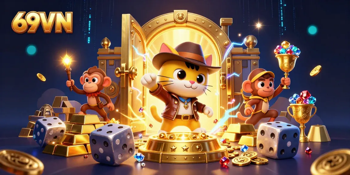 Experience thrilling adventures at 69VN with a daring cat explorer and its monkey companion discovering hidden casino treasures.