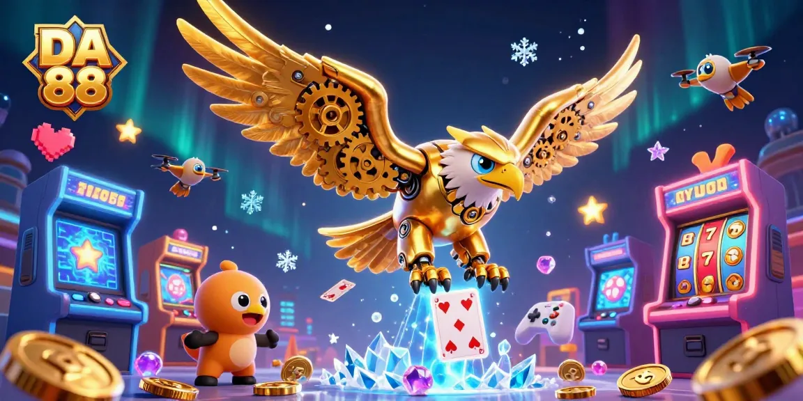 Experience DA 88's vibrant slot gaming action with a dynamic illustration of a golden eagle and arcade themes.