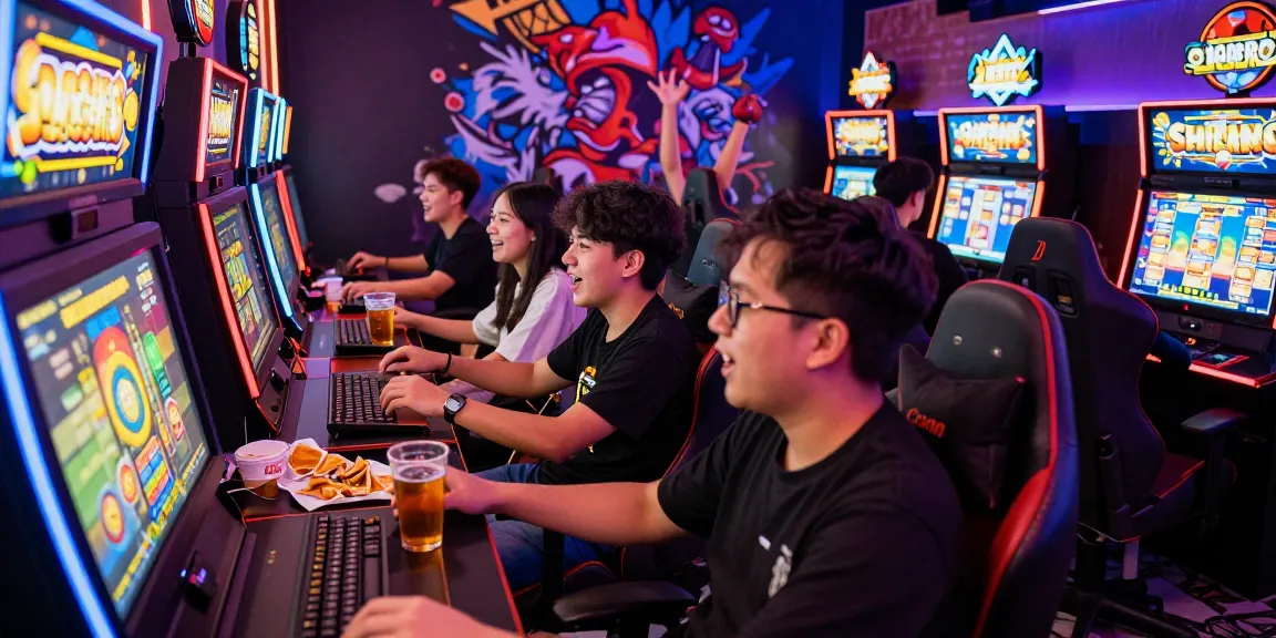 Exciting scene of friends enjoying slot gacor games in a vibrant gaming lounge atmosphere