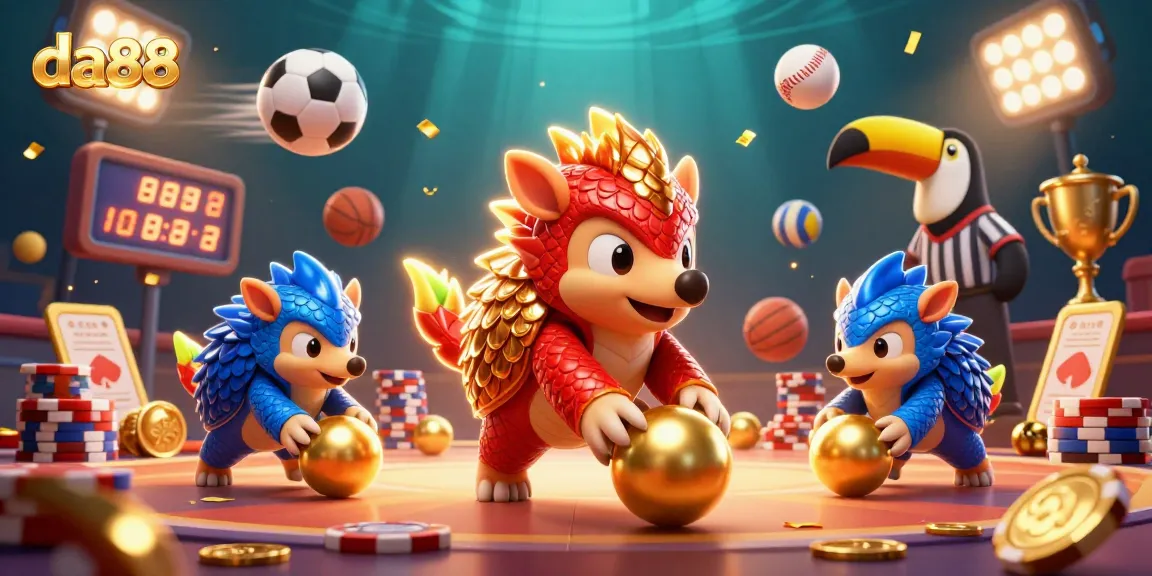 Experience da88 with rival pangolins competing in a colorful casino scene filled with sports elements.