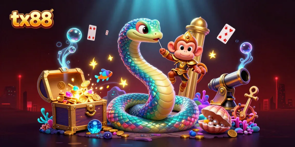 tx88 gamers celebrate a jackpot win with vibrant 3D scene of animated characters and casino elements.