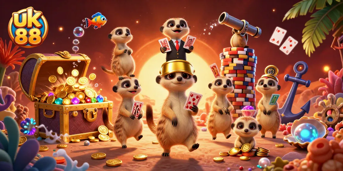 uk 88 meerkats running a vibrant casino with treasure, chips, and cards