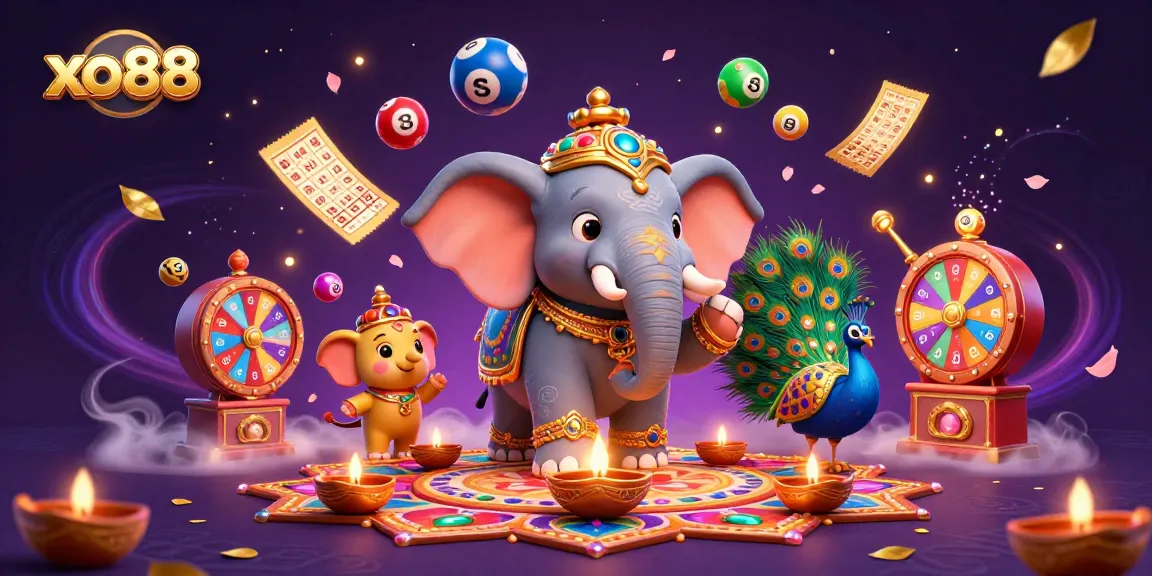 Experience the vibrant excitement of xo88 with a Diwali elephant illustration celebrating lottery wins.