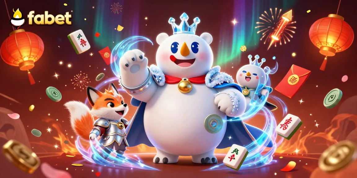 Experience the excitement of fabet as an ice king polar bear and snow fox celebrate with vibrant decorations and casino elements.