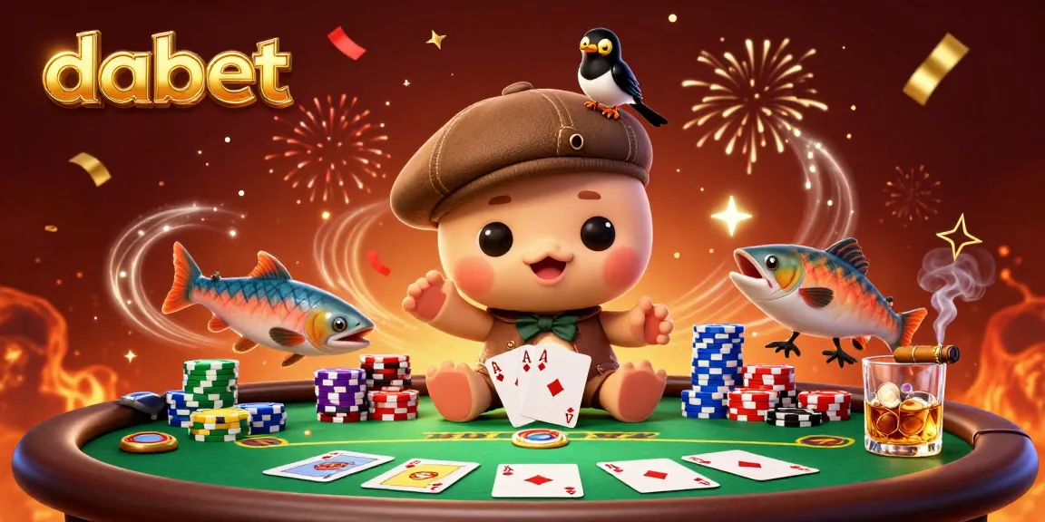 Dabet's thrilling poker scene features Nessie, a magpie, and salmon celebrating wins amid colorful casino elements.