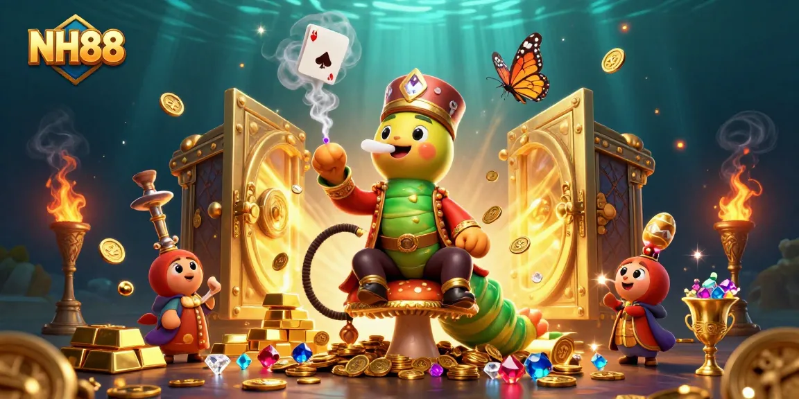 Win big at NH88 with a colorful 3D illustration of casino elements and vibrant treasures.