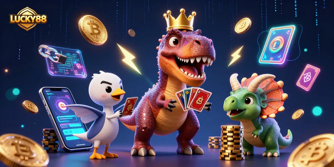 LUCKY88 features a friendly T-Rex and pterodactyl stacking golden chips and shuffling cards in an exciting casino scene.