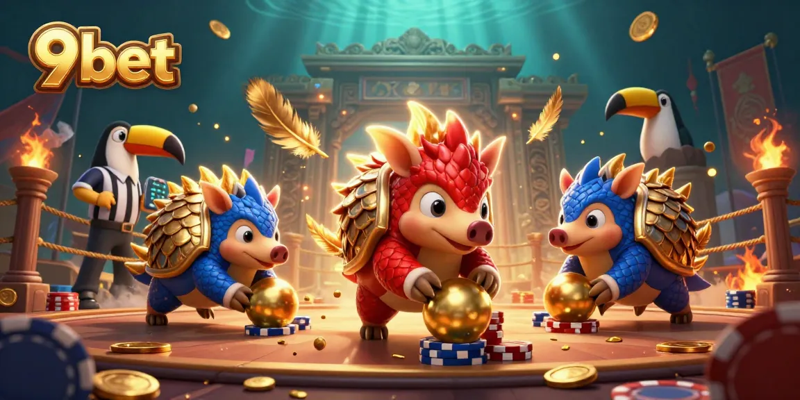 9bet pangolins compete in a vibrant casino scene with poker chips, showcasing dynamic gambling action.