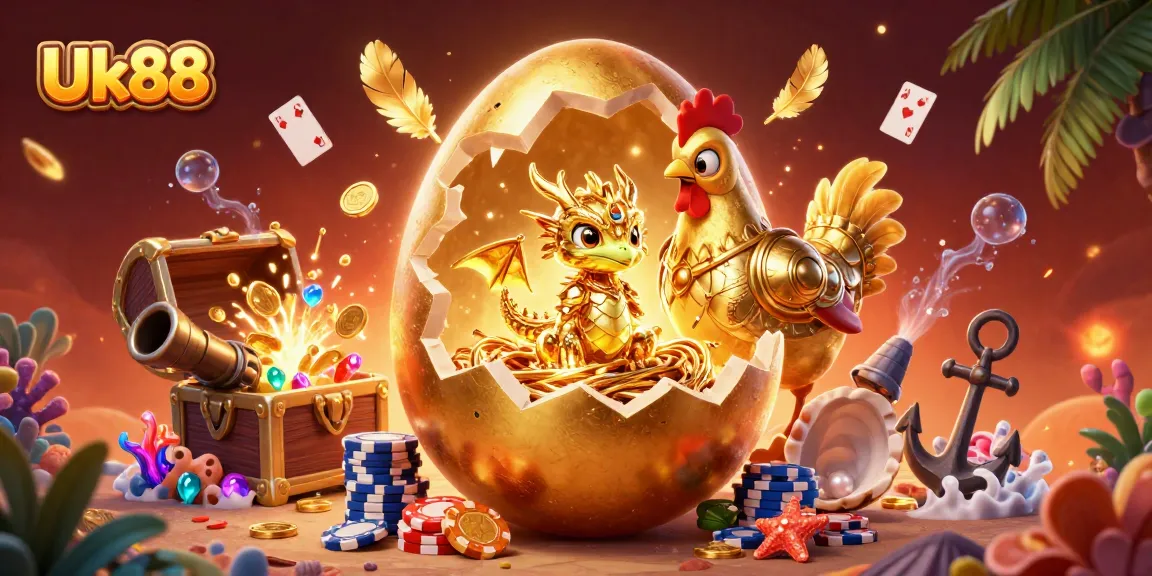 Uk88 showcases a golden dragon on poker chips amidst vibrant casino elements.