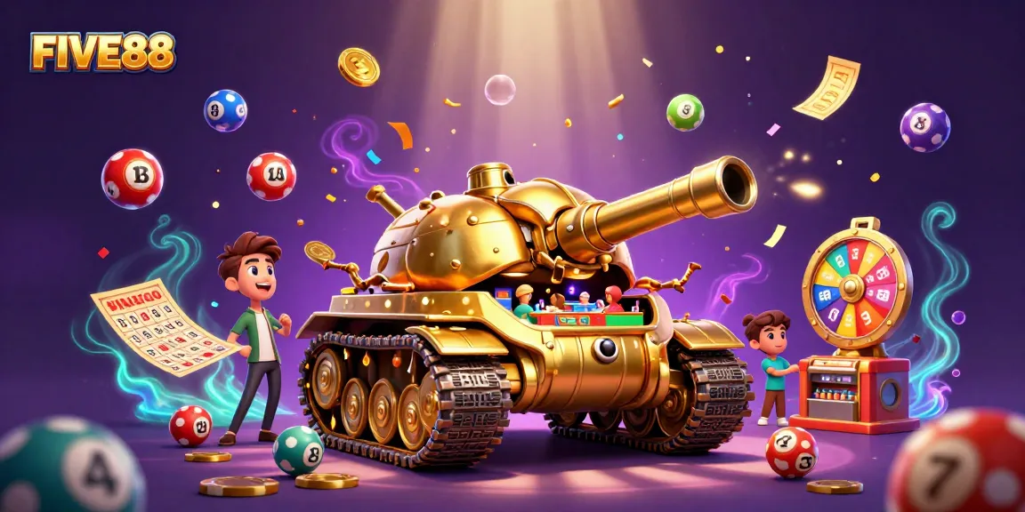 Experience excitement at FIVE88 with vibrant 3D casino-themed illustration showcasing dynamic gaming elements.