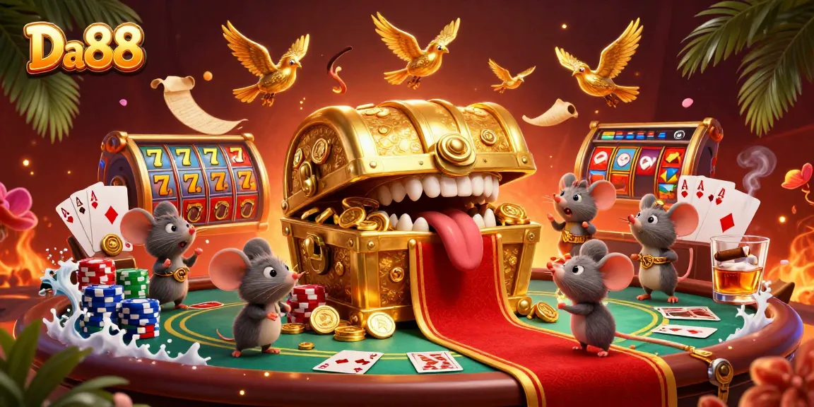 Engage in thrilling actions at Da88, featuring a vibrant casino scene with lively characters and gaming elements.