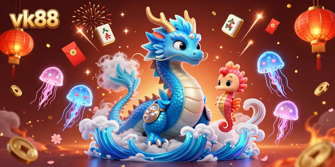 Engage with vk88's vibrant 3D casino illustration depicting a dragon, knight, and floating lucky symbols.