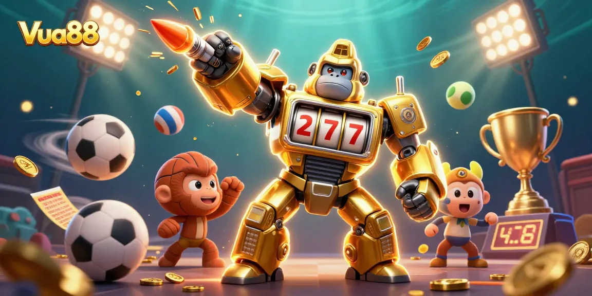 Experience exhilarating gameplay with Vua88 featuring a dynamic scene of a golden gorilla mech and sports elements.