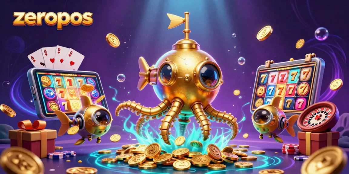 Engage with zeropos as the golden kraken submarine reveals exciting slot games amid a sea of coins.