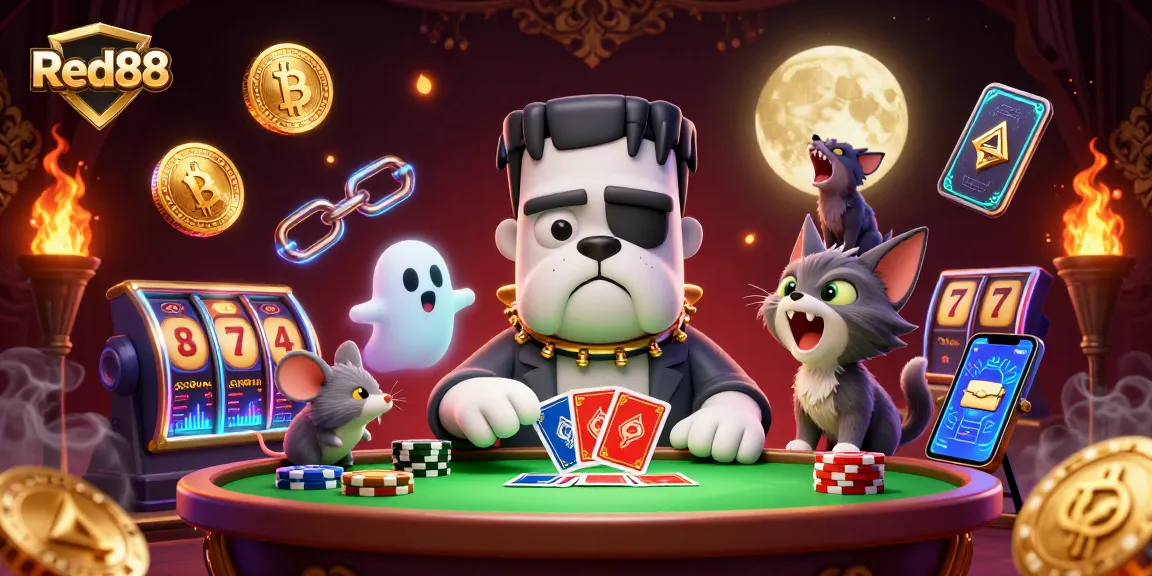 Red88 players enjoy thrilling card games with a spooky twist, featuring iconic gaming characters and vibrant cryptocurrency elements.