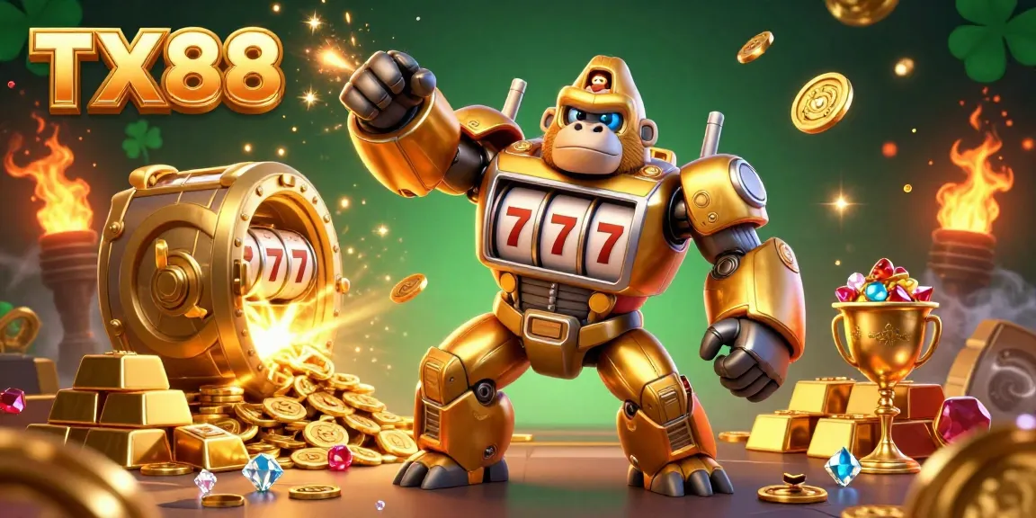 Spin the reels with TX88's exciting slot mechanics showcased in this vibrant casino scene.