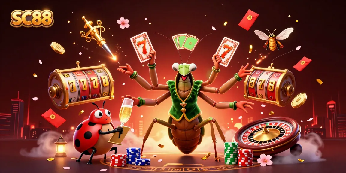 Engage in thrilling gameplay at SC88 with our animated casino scene featuring card games and festive elements.