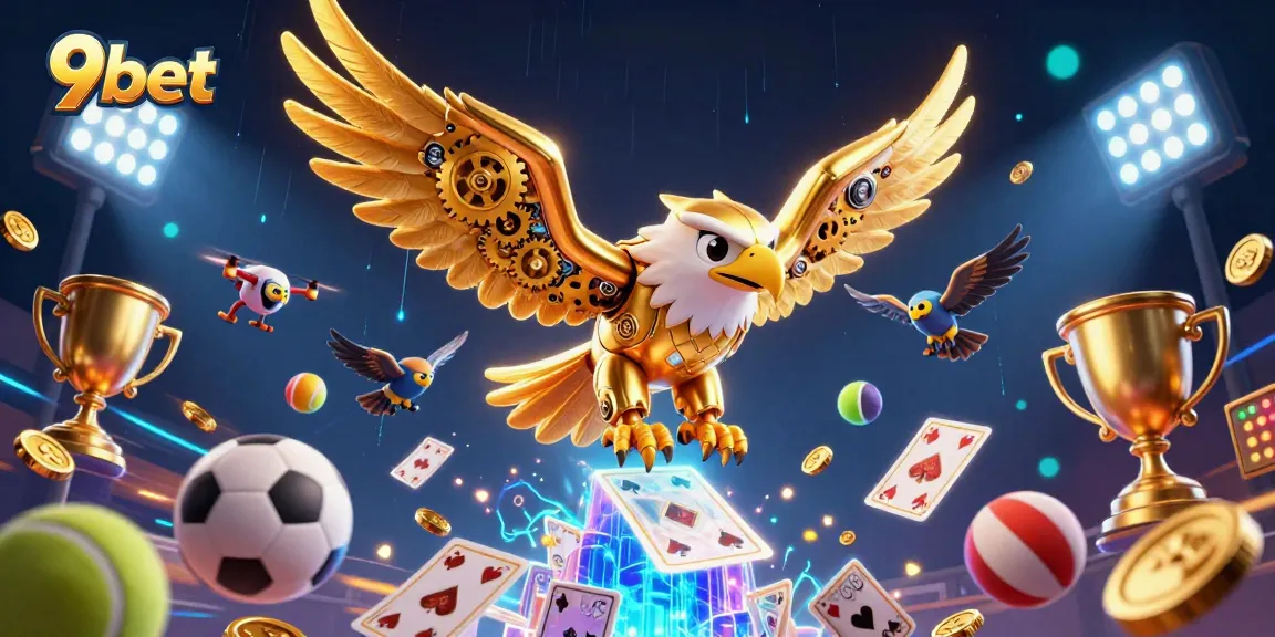 Engage with 9bet's dynamic 3D casino illustration showcasing thrilling sports betting elements.