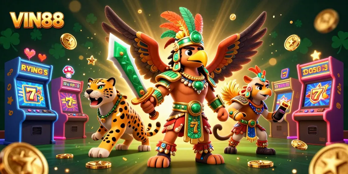 Engage with exciting slot gameplay at VIN88 featuring vibrant Aztec characters and casino elements.